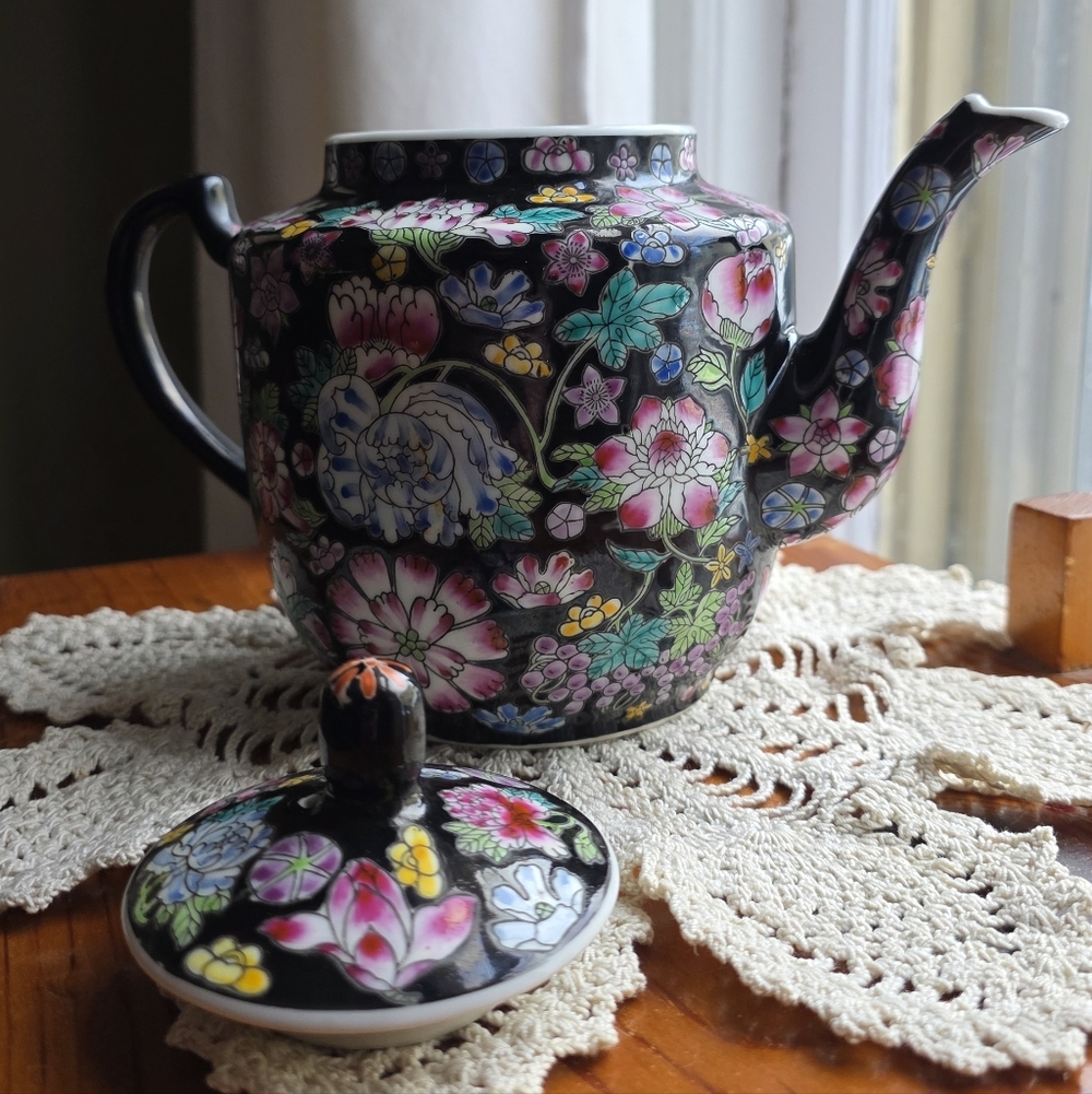 Black Floral Ceramic Teapot with Colorful Blossom Accents